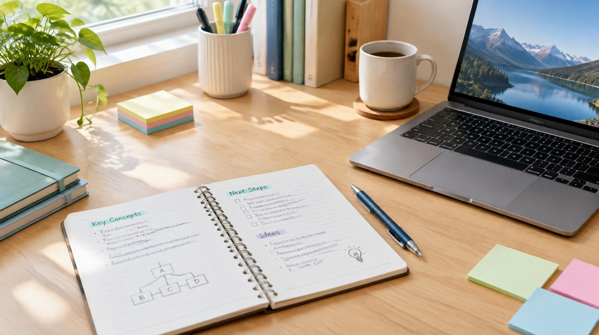 Study notes and laptop on a bright desk