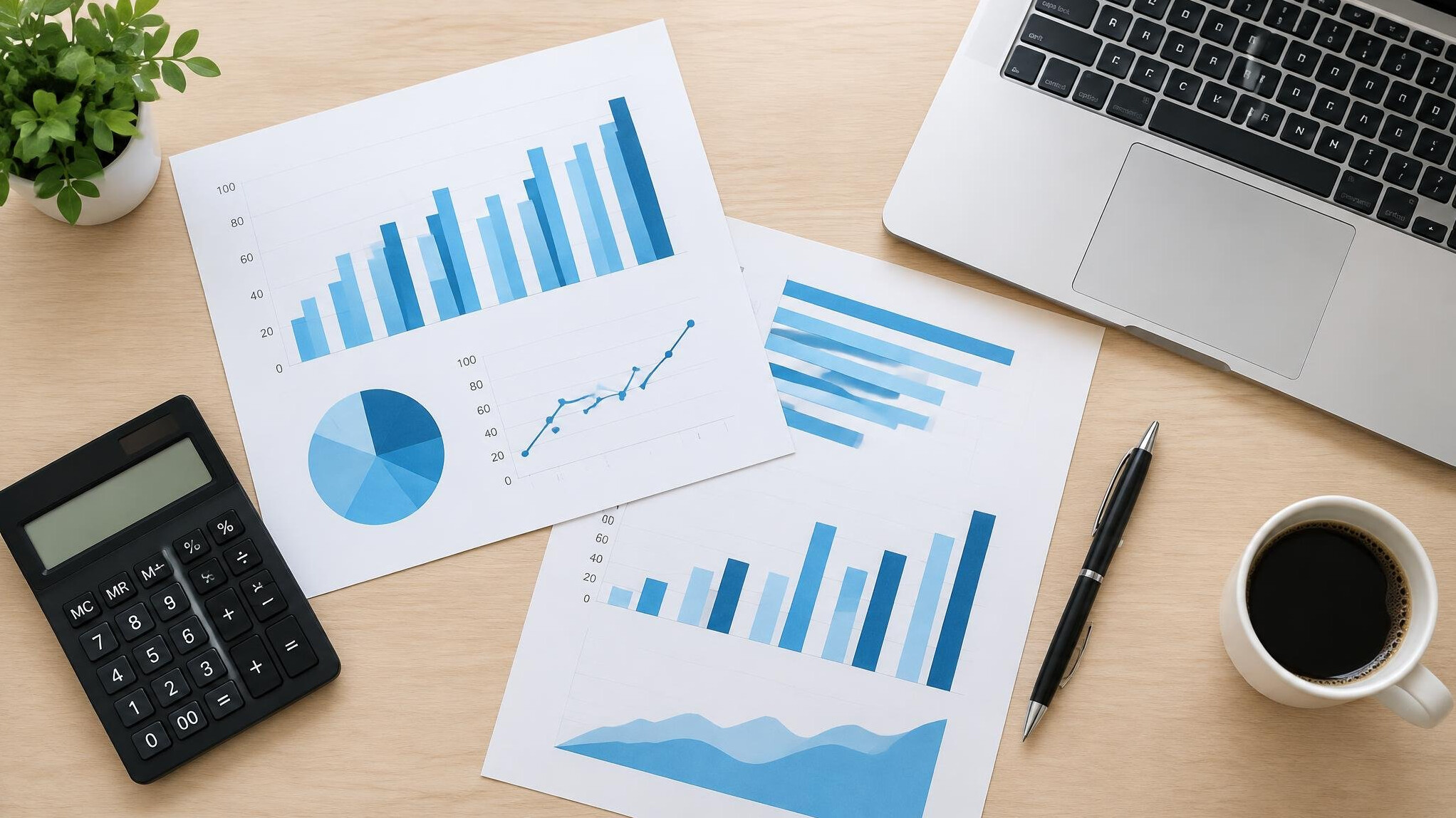 Desk with printed charts, laptop and pen for data analysis
