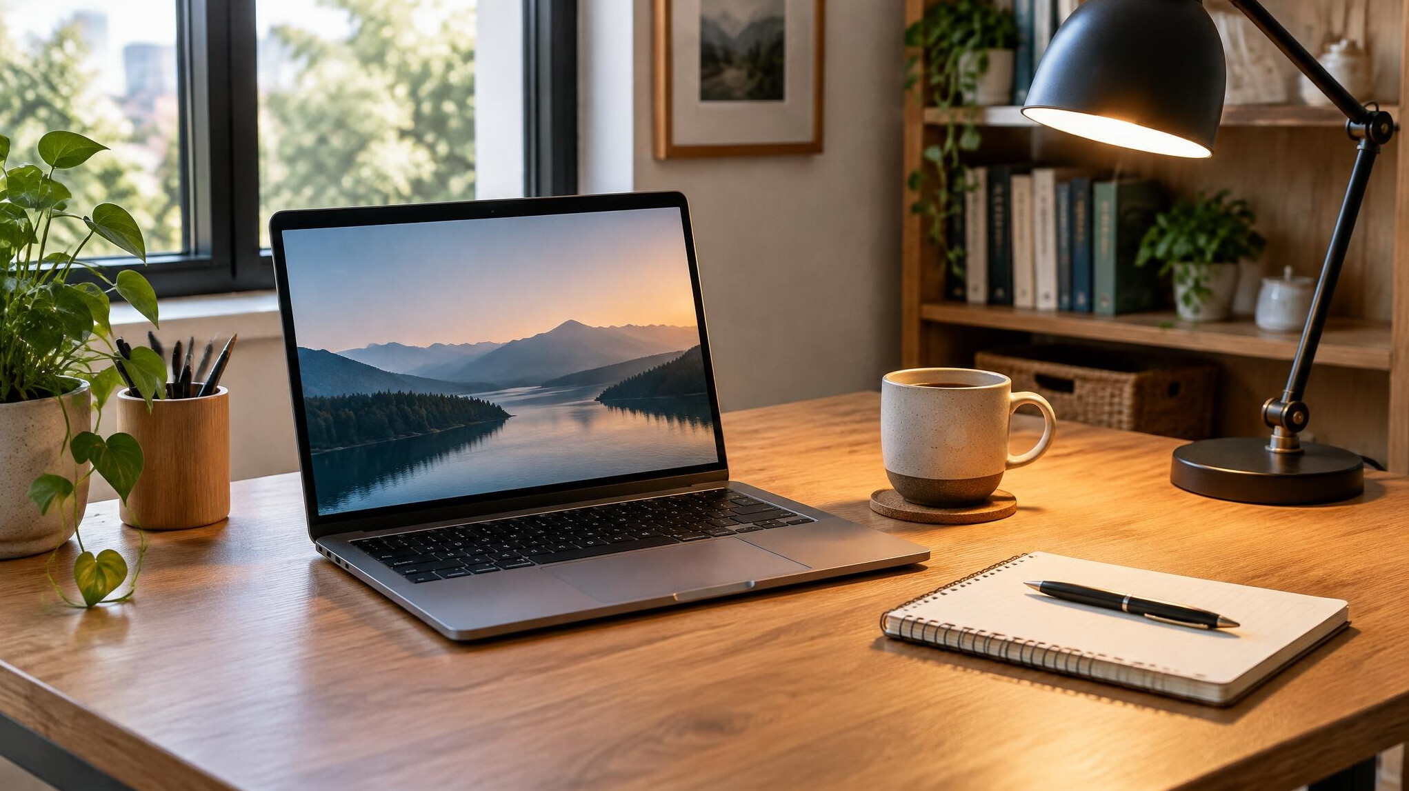 Modern home workspace with a laptop and a lamp